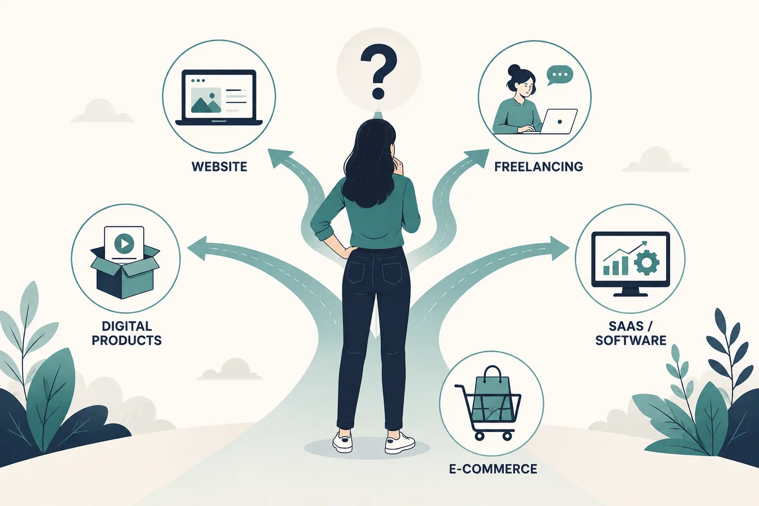 Illustration of choosing between different side income models, including a website, freelancing, digital products, and software.