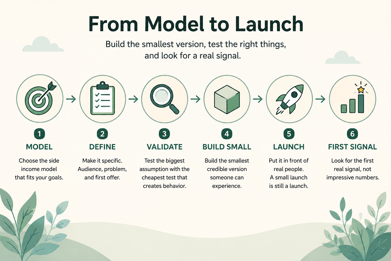 From model to launch process showing define, validate, build small, launch, and first signal.