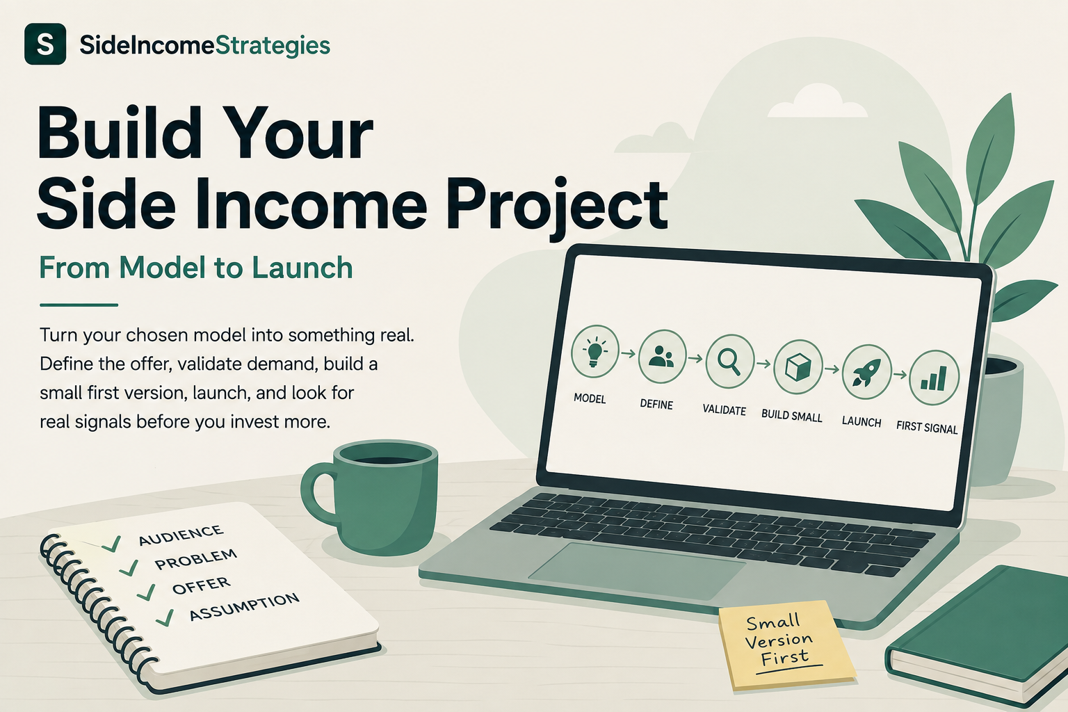 Build your side income project from model to launch – define, validate, build small, launch, and measure the first signal.