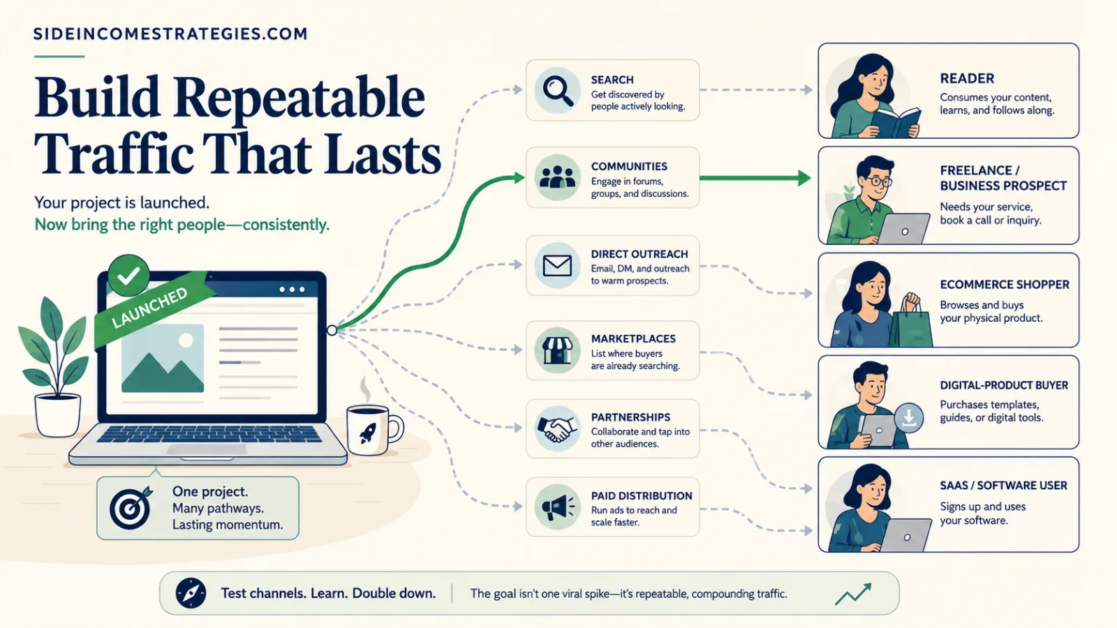From launch to repeatable traffic by connecting a side income project with the right readers, prospects, buyers, and users.