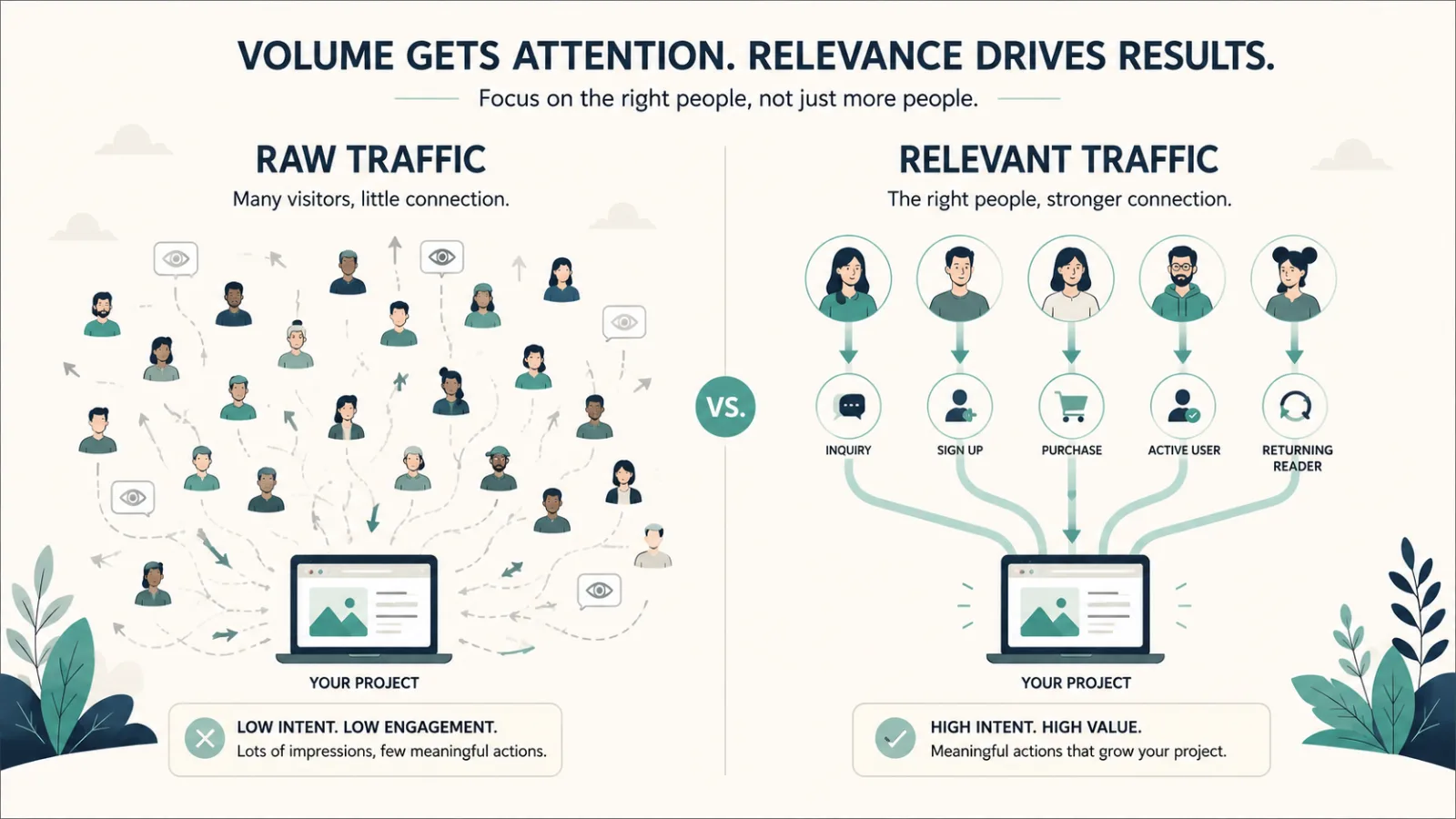 Comparison between large amounts of raw traffic and a smaller group of relevant visitors producing useful actions.