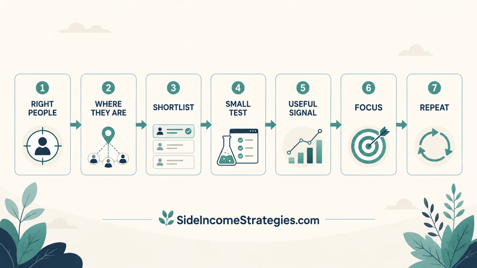 Seven-step traffic framework from identifying the right people to testing channels, measuring useful signals, focusing, and repeating.