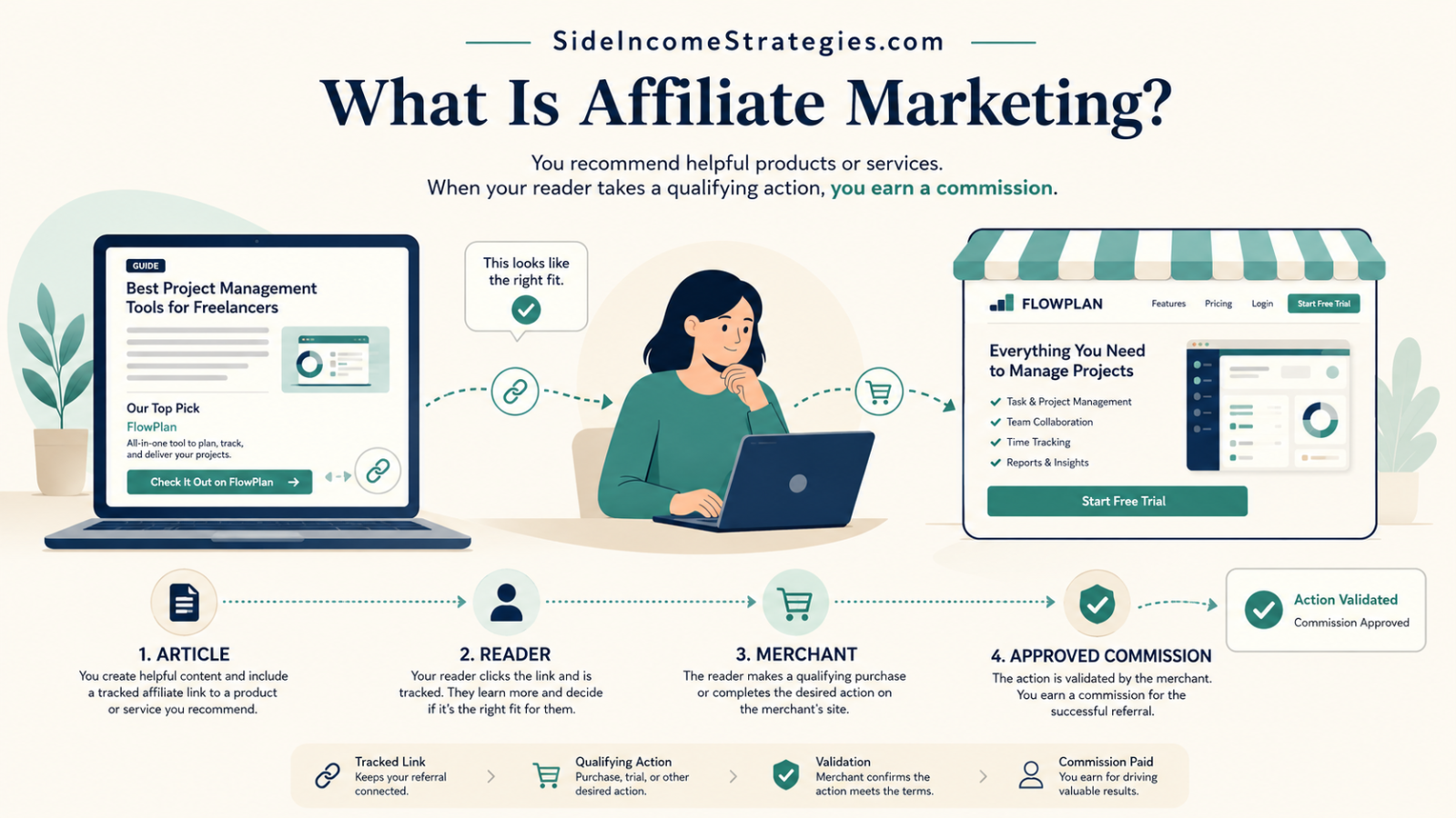 Affiliate marketing process connecting useful content, a reader, a merchant, a qualifying purchase, and an approved commission.