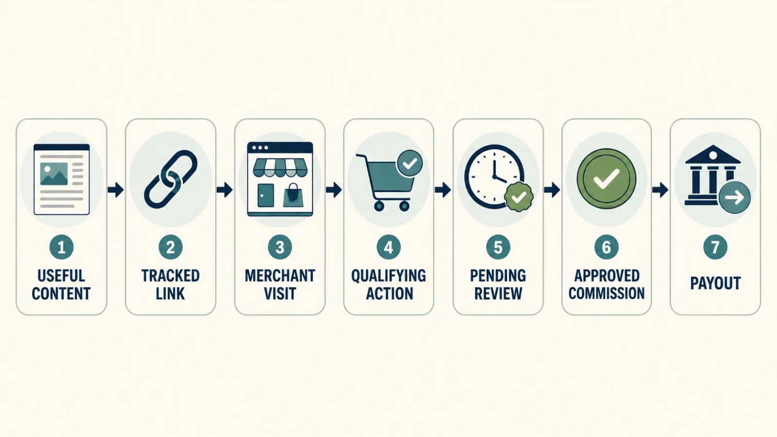 Affiliate tracking flow from useful content and a tracked link to a qualifying action, approval, and commission payout.